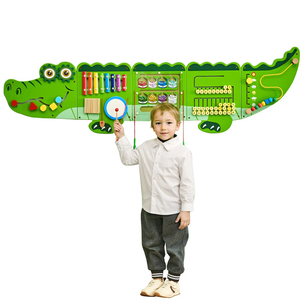 9-Activities Crocodile Kids Busy Hanging Board Toy Montessori Early Learning Puzzle Decor Panels Toys for Children