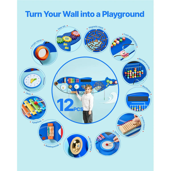 Kids Wall Busy Board 12 Activities Hanging Panels Montessori Sensory Learning Toys for Toddler 3-12 Play Toys