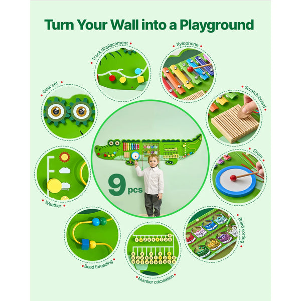 9-Activities Crocodile Kids Busy Hanging Board Toy Montessori Early Learning Puzzle Decor Panels Toys for Children